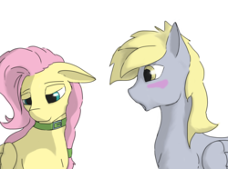 Size: 2000x1484 | Tagged: safe, artist:hrom, derpy hooves, fluttershy, pegasus, pony, g4, collar, derpyshy, female, lesbian, mare, shipping, simple background