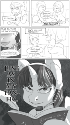 Size: 1102x1957 | Tagged: safe, artist:audrarius, applejack, rarity, twilight sparkle, alicorn, pony, friendship is witchcraft, g4, all according to keikaku, comic, death note, grayscale, headset, implied rarijack, japanese reading order, just as planned, monochrome, parody, shipper on deck, twilight loves fanfiction, twilight sparkle (alicorn), twilight the shipper