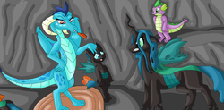 Size: 3728x1840 | Tagged: safe, artist:mojo1985, princess ember, queen chrysalis, spike, changeling, dragon, g4