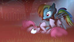 Size: 1920x1080 | Tagged: safe, artist:star-lightstarbright, pinkie pie, rainbow dash, g4, 3d, knife, mouth hold, nightmare night, role reversal