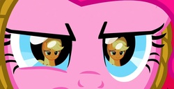 Size: 1317x682 | Tagged: safe, screencap, applejack, pinkie pie, pony, g4, party of one, cropped, eye, eye reflection, eyes, glare, lidded eyes, out of context, reflection