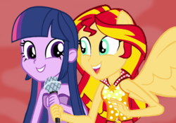 Size: 1024x712 | Tagged: safe, artist:sunsetshimmer333, sunset shimmer, twilight sparkle, equestria girls, g4, my little pony equestria girls: rainbow rocks, alicornified, alternate universe, clothes swap, microphone, ponied up, race swap, role reversal, shimmercorn, singing