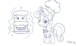 Size: 1344x817 | Tagged: safe, artist:echo-saan, sweetie belle, g4, cake, chef's hat, cutie mark, female, food, hat, hell's kitchen, magic, monochrome, portal (valve), sketch, solo, sweetie fail, the cake is a lie, the cmc's cutie marks