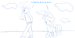 Size: 1600x817 | Tagged: safe, artist:echo-saan, sweetie belle, human, pony, unicorn, g4, cloud, human ponidox, humanized, i'm blue, monochrome, open mouth, singing, sketch