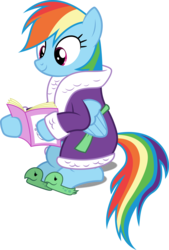 Size: 3372x5000 | Tagged: safe, artist:dashiesparkle, rainbow dash, pegasus, pony, applejack's "day" off, g4, .svg available, absurd resolution, bathrobe, clothes, female, full body, magazine, ponyscape, reading, show accurate, simple background, sitting, solo, tank slippers, transparent background, vector