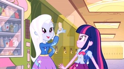 Size: 800x448 | Tagged: safe, screencap, trixie, twilight sparkle, equestria girls, g4, crackers, food, peanut butter, peanut butter crackers, that human sure does love peanut butter crackers, the great and powerful trixie needs some peanut butter crackers, vending machine, watermark