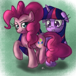 Size: 1817x1817 | Tagged: safe, artist:leadhooves, pinkie pie, twilight sparkle, earth pony, pony, unicorn, g4, eyes on the prize, female, floppy ears, lesbian, lip bite, looking at butt, mare, seduction, ship:twinkie, shipping, tail seduce