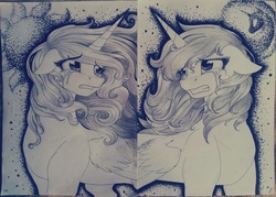 Size: 1055x757 | Tagged: safe, artist:lupiarts, princess celestia, princess luna, g4, crying, monochrome, moon, sad, sisters, sun