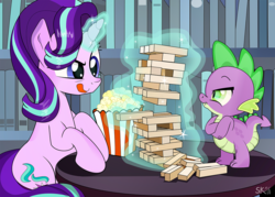 Size: 1232x880 | Tagged: safe, artist:dsana, spike, starlight glimmer, dragon, pony, unicorn, g4, :p, angry, baby, baby dragon, blocks, book, bookshelf, bucket, cheating, crossed arms, cute, cutie mark, duo, featured image, female, food, frown, game, glare, glimmerbetes, glowing horn, hax, horn, jenga, levitation, licking, licking lips, magic, mare, popcorn, pure unfiltered evil, raised eyebrow, scales, signature, smirk, spikabetes, spike is not amused, table, telekinesis, tongue out, twilight's castle, unamused