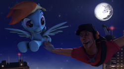 Size: 3840x2160 | Tagged: safe, artist:funsketch, rainbow dash, g4, 3d, building, city, crossover, flying, high res, mare in the moon, moon, night, scout (tf2), source filmmaker, team fortress 2