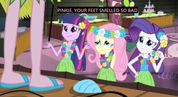 Size: 768x420 | Tagged: safe, fluttershy, pinkie pie, rarity, twilight sparkle, equestria girls, g4, shake your tail, clothes, fake captions, feet, flower, flower in hair, grass skirt, hawaiian, hawaiian flower in hair, hula, hularity, hulashy, lei, sandals, skirt