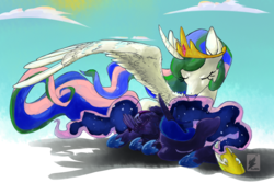 Size: 1600x1067 | Tagged: safe, artist:roark030, princess celestia, princess luna, g4, hug, prone, royal sisters, sleeping, wing umbrella, winghug