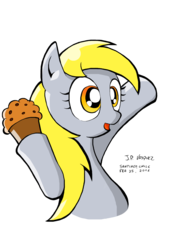 Size: 1658x2362 | Tagged: safe, artist:theratedrshimmer, derpy hooves, pegasus, pony, g4, female, food, mare, muffin, simple background, solo