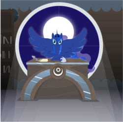 Size: 7822x7801 | Tagged: safe, artist:fancoral, princess luna, g4, absurd resolution, book, bookshelf, crepuscular rays, desk, female, looking at you, moon, solo, spread wings, window