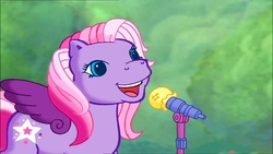 Size: 1280x720 | Tagged: safe, screencap, starsong, pegasus, pony, g3, meet the ponies, starsong's dance & sing party, and a beautiful starsong melody, cute, feelin' good, female, karaoke, mare, microphone, microphone stand, outdoors, purple wings, singing, solo, starsawwwng, that pony sure does love to sing, wings