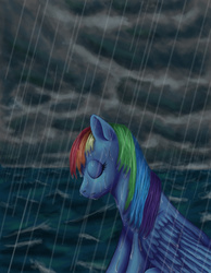 Size: 900x1158 | Tagged: safe, artist:zevironmoniroth, rainbow dash, pegasus, pony, g4, cloud, cloudy, eyes closed, female, rain, solo, storm, water, wet, wet mane