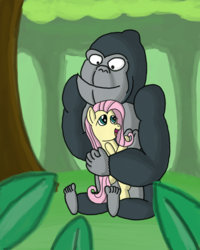 Size: 2400x3000 | Tagged: safe, artist:saburodaimando, fluttershy, gorilla, g4, forest, high res, hug, tree