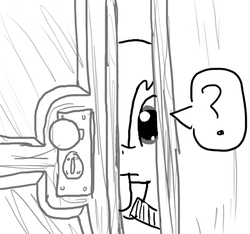 Size: 640x600 | Tagged: safe, artist:ficficponyfic, oc, oc only, oc:emerald jewel, earth pony, pony, colt quest, child, colt, door, doorknob, foal, keyhole, male, monochrome, peeking, question mark, story included, wood