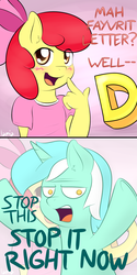 Size: 800x1606 | Tagged: safe, artist:lamia, apple bloom, lyra heartstrings, pony, unicorn, anthro, g4, blushing, cockblock, comic, dialogue, female, innuendo, she wants the d, the d, zoom layer