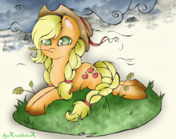 Size: 960x759 | Tagged: safe, artist:xxsilvixx, applejack, g4, braid, braided tail, female, prone, solo, straw