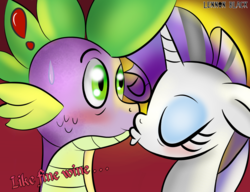 Size: 1300x1000 | Tagged: safe, artist:lennonblack, rarity, spike, dragon, pony, unicorn, fanfic:like fine wine, g4, blushing, duo, exclamation point, female, kiss on the lips, kissing, male, mare, ship:sparity, shipping, straight