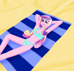 Size: 1928x1852 | Tagged: safe, artist:cyber-murph, dean cadance, princess cadance, equestria girls, g4, my little pony equestria girls: friendship games, armpits, bad anatomy, beach, beautiful, bedroom eyes, belly button, bikini, blanket, blue eyeshadow, breasts, busty princess cadance, cleavage, clothes, cute, cutedance, cutie mark on clothes, cutie mark swimsuit, eyeshadow, female, grin, legs, lipstick, looking at you, lying, makeup, midriff, on back, pink eyes, pink hair, pink lipstick, small head, smiling, smiling at you, solo, swimsuit, towel, woman