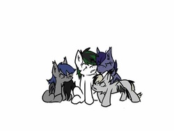 Size: 552x414 | Tagged: safe, artist:arrwulf, oc, oc only, oc:echo, oc:eventide blossom, oc:halfmoon, oc:trance sequence, bat pony, pony, tail, tail pull