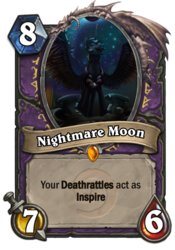 Size: 400x573 | Tagged: safe, artist:alumx, nightmare moon, g4, card, fangs, hearthstone, laughing, spread wings, warcraft