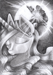 Size: 2440x3432 | Tagged: safe, artist:lunar-white-wolf, princess celestia, g4, crying, eyes closed, female, grayscale, high res, mare in the moon, monochrome, moon, regret, solo, traditional art