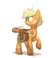 Size: 773x805 | Tagged: safe, artist:carnifex, applejack, g4, alternate hairstyle, alternate universe, baseball bat, dirty, female, lasso, looking back, missing accessory, raised hoof, ropes, saddle bag, scar, solo, survivor