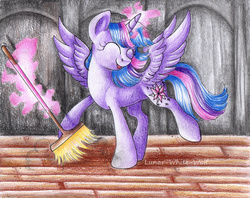 Size: 3081x2445 | Tagged: safe, artist:lunar-white-wolf, twilight sparkle, alicorn, pony, g4, the saddle row review, adorkable, broom, cute, dork, eyes closed, female, high res, magic, scene interpretation, solo, spread wings, sweeping, sweepsweepsweep, telekinesis, traditional art, twiabetes, twilight sparkle (alicorn), twilight sweeple