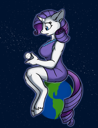 Size: 700x906 | Tagged: safe, artist:foxenawolf, part of a set, rarity, anthro, unguligrade anthro, comic:worldly rarity, g4, breasts, busty rarity, earth, female, giantess, growth, macro, mega rarity, moon, planet, pony bigger than a planet, solo, tangible heavenly object