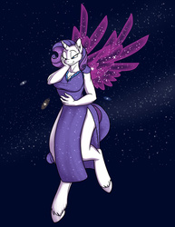Size: 700x906 | Tagged: safe, artist:foxenawolf, part of a set, rarity, anthro, unguligrade anthro, comic:worldly rarity, g4, artificial wings, augmented, breasts, busty rarity, cleavage, female, galaxy, giant rarity, giantess, goddess, growth, macro, magic, magic wings, mega rarity, planet, pony bigger than a galaxy, pony bigger than a planet, pony bigger than a solar system, pony bigger than a star, race swap, solo, space, wings