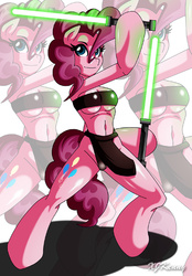 Size: 600x860 | Tagged: safe, artist:xjkenny, pinkie pie, earth pony, anthro, unguligrade anthro, g4, arm hooves, bikini, breasts, busty pinkie pie, clothes, female, hoof hold, jedi, lightsaber, mare, midriff, solo, star wars, swimsuit, weapon, zoom layer