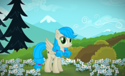 Size: 2560x1558 | Tagged: dead source, safe, artist:nevermattie, oc, oc only, oc:kattybay, pegasus, pony, bush, commission, digital art, mountain, solo, spring, vector