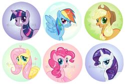 Size: 1000x671 | Tagged: safe, artist:captainmoony, applejack, fluttershy, pinkie pie, rainbow dash, rarity, twilight sparkle, g4, artifact, button, mane six, watermark