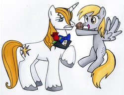 Size: 2271x1732 | Tagged: safe, artist:thedarklordkeisha, derpy hooves, prince blueblood, pegasus, pony, unicorn, g4, derpblood, female, food, male, mare, muffin, prince blueblood gets all the mares, shipping, straight, that pony sure does love muffins
