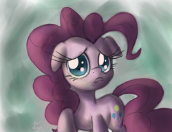 Size: 3300x2550 | Tagged: safe, artist:leadhooves, pinkie pie, earth pony, pony, g4, abstract background, female, floppy ears, frown, mare, pouting, raised hoof, solo