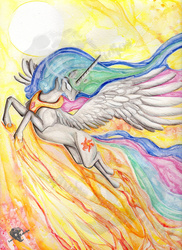 Size: 900x1238 | Tagged: safe, artist:lord-furfur, princess celestia, g4, female, flying, solo, sun, traditional art, watercolor painting