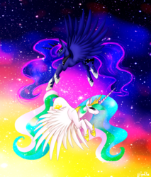Size: 2348x2756 | Tagged: safe, artist:minelvi, princess celestia, princess luna, alicorn, pony, g4, duo, ethereal mane, female, flying, galaxy mane, high res, hoof shoes, jewelry, mare, peytral, royal sisters, stars, tiara