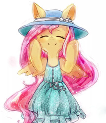 Size: 720x840 | Tagged: safe, artist:kinda-l, fluttershy, semi-anthro, g4, clothes, cute, dress, ear fluff, eyes closed, female, happy, hat, shyabetes, simple background, smiling, solo, white background