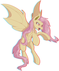 Size: 1024x1240 | Tagged: safe, artist:raponee, fluttershy, bat pony, pony, g4, chromatic aberration, fangs, female, flutterbat, race swap, simple background, solo