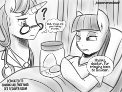 Size: 1600x1200 | Tagged: safe, artist:jcosneverexisted, doctor horse, doctor stable, maud pie, earth pony, pony, unicorn, g4, 30 minute art challenge, bottle, engrish, female, kidney stone, male, mare, monochrome, sketch, stallion