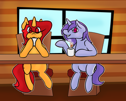 Size: 3097x2481 | Tagged: safe, artist:sile-animus, oc, oc only, oc:midnight groove, oc:sile, pony, unicorn, chair, coffee, coffee shop, grin, high res, hoof hold, mug, pointing, sitting, smiling