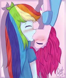 Size: 1000x1188 | Tagged: safe, artist:rmariansj, pinkie pie, rainbow dash, human, equestria girls, g4, blushing, clothes, eyes closed, female, kiss on the lips, kissing, lesbian, mare, pink background, ship:pinkiedash, shipping, signature, simple background, upside down, upside down kiss