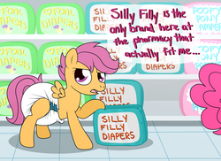 Size: 2200x1600 | Tagged: safe, artist:fillyscoots42, pinkie pie, scootaloo, earth pony, pegasus, pony, ask crinkleloo, g4, crinkleloo, diaper, diaper fetish, diapered, diaperloo, female, fetish, filly, foal, indoors, mare, non-baby in diaper, offscreen character, pharmacy, poofy diaper, silly filly diaper, store, tumblr, white diaper