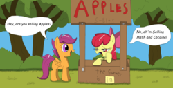 Size: 1600x817 | Tagged: safe, artist:echo-saan, apple bloom, scootaloo, earth pony, pegasus, pony, g4, accent, apple stand, buy some apples, comic, female, filly, illiteracy, lucy's advice booth, open mouth, peanuts, sarcasm, snappy answers to stupid questions, speech bubble, stupid question