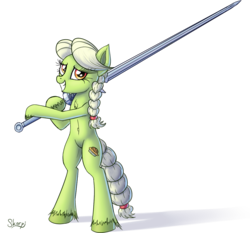 Size: 1379x1287 | Tagged: safe, artist:skorpionletun, granny smith, earth pony, pony, g4, belly button, bipedal, chest fluff, female, simple background, solo, sword, transparent background, weapon, young granny smith, zweihander