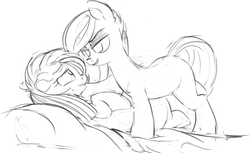 Size: 3384x2075 | Tagged: safe, artist:yoditax, limestone pie, marble pie, earth pony, pony, g4, bed, bedroom eyes, female, floppy ears, high res, incest, lesbian, monochrome, ship:marblime, shipping, sketch, wavy mouth