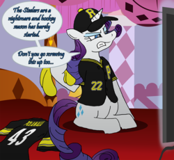 Size: 1168x1076 | Tagged: safe, artist:unoservix, rarity, pony, g4, american football, andrew mccutchen, baseball, clothes, female, hockey, ice hockey, jersey, mlb, nfl, nhl, pittsburgh, pittsburgh penguins, pittsburgh pirates, pittsburgh steelers, solo, terrible towel, troy polamalu
